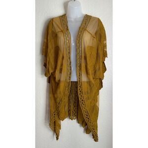 Womens OS Kimono Mustard Yellow Mesh Embroidered Crochet Trim Boho Festival Art
